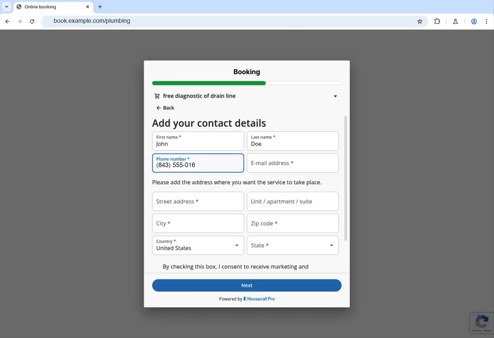 A browser window where the SayLess agent is filling in a plumbing company's online booking form with the caller's contact details